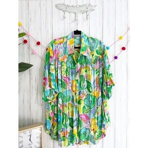 Vintage We Be Bop Bright Oversized Beaded Floral Button Down Shirt 2X